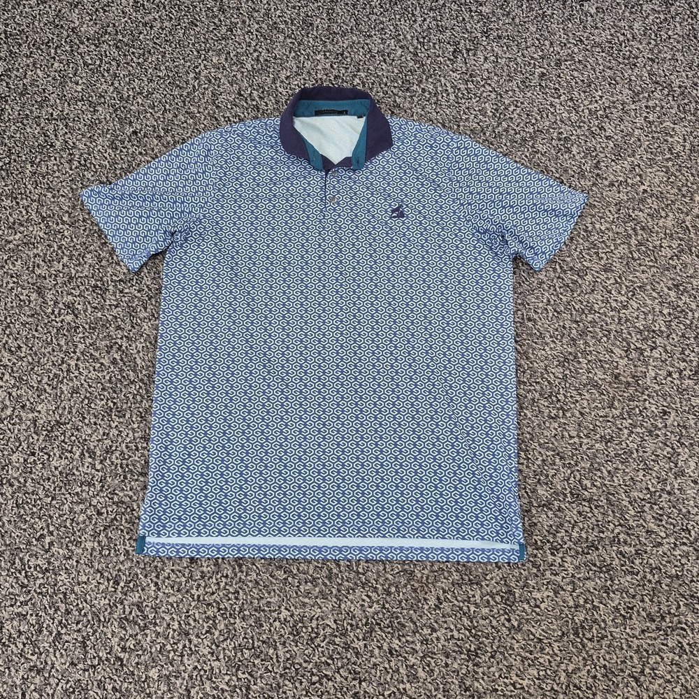 GREYSON Men's L Navy Blue Teal Wolf Arrow Geometric All Over Print Polo Shirt - Picture 2 of 7